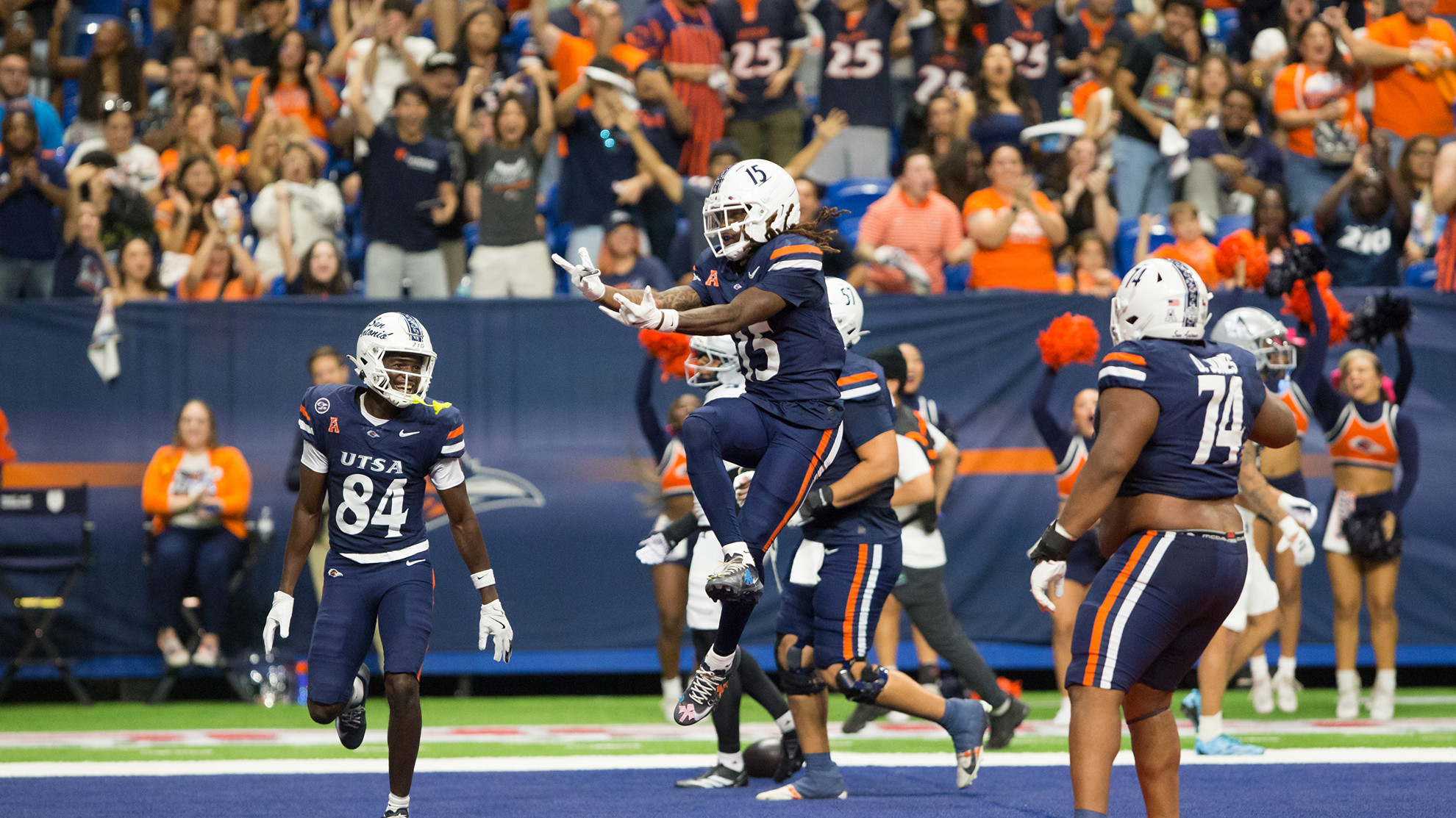 UTSA celebrates a touchdown against Rice